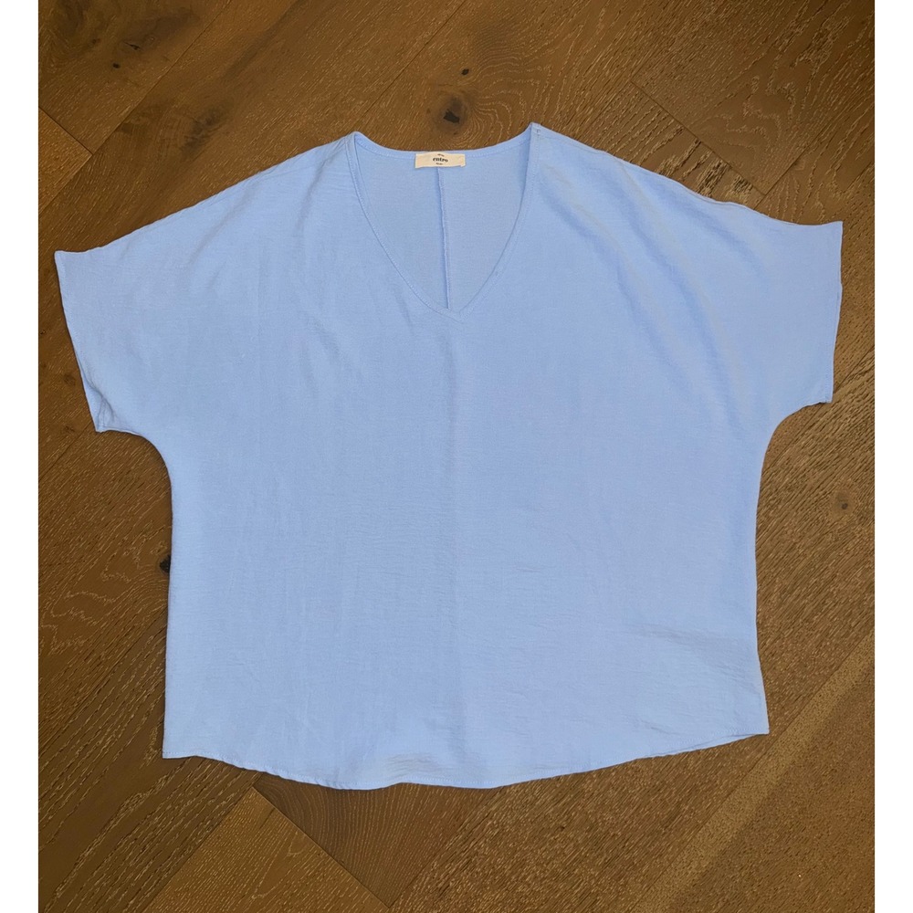 Entro Womens Light Blue V-Neck Textured Blouse Short‎ Sleeve Top Large